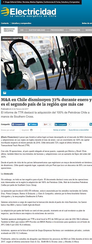 M&A en Chile disminuyen 72% durante enero y es el segundo pas de la regin que ms cae